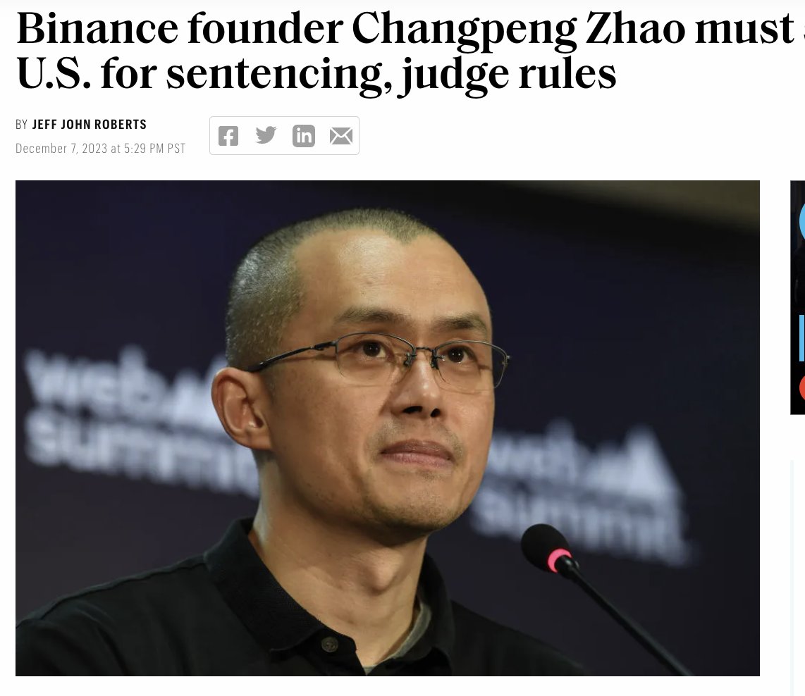 Binance's CZ can't return to UAE ahead of sentencing Judge in Seattle cites CZ's status as a 'multi-billionaire' and overseas crypto to explain usual ruling Also cites DOJ's unverified claim UAE offered CZ citizenship to say he might not come back fortune.com/2023/12/07/bin…