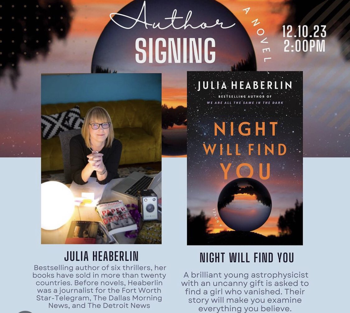 Come do a little holiday book shopping and drop by my signing table Sunday Dec 10 at the new concept Barnes & Noble bookstore in Richardson, TX. I’ll start signing at 2 pm. So exciting to see bookstores like @bnrichardsontx and @bnflowermound rising up in our burbs! #iwillfindyou