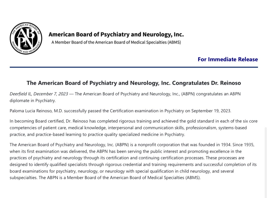 Excited to share that I’m now a board certified psychiatrist!!