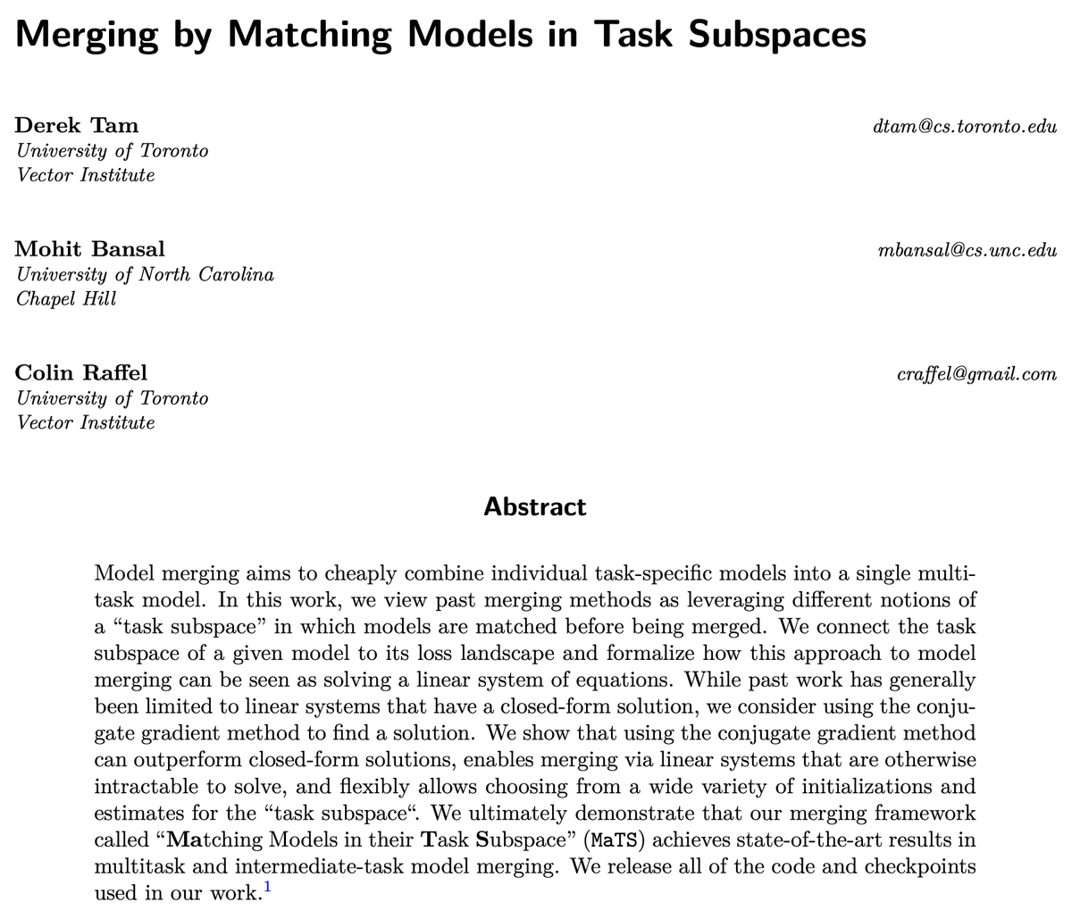 New preprint! Introducing MaTS - a new framework for merging individual task models into a multitask model by matching them in their task subspace Work done w/ @mohitban47 @colinraffel 📄 arxiv.org/abs/2312.04339 💾 github.com/r-three/mats 🧵 ⬇️