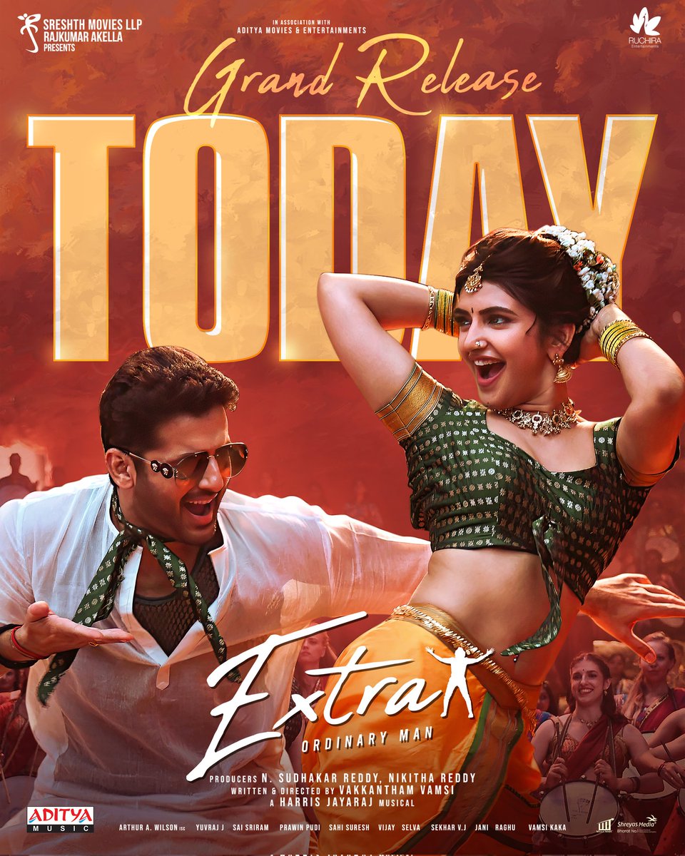 A MASSive #ExtraOrdinary day is here! 💥

Get ready for an #Extra dose of hilarious madness. 

#EXTRAOrdinaryMan Grand Release Today 🥳 

#ExtraOrdinaryManOnDec8th

<a href="/actor_nithiin/">nithiin</a> <a href="/ActorRajasekhar/">Dr.Rajasekhar</a> <a href="/sreeleela14/">Sreeleela</a> <a href="/Jharrisjayaraj/">Harris Jayaraj</a> 
#SudhakarReddy #NikhithaReddy <a href="/sahisuresh/">Sahi Suresh</a>