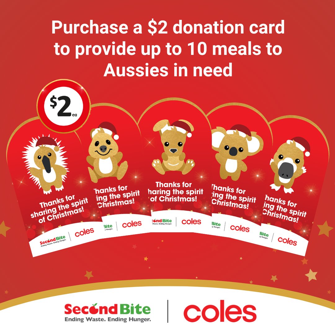 We're one week into our Coles Christmas Appeal, and we couldn't be more grateful for the donations received so far! Until December 24th, grab a $2 donation card at your local Coles to help SecondBite provide up to 10 meals to those in need. #SecondBite #Coles