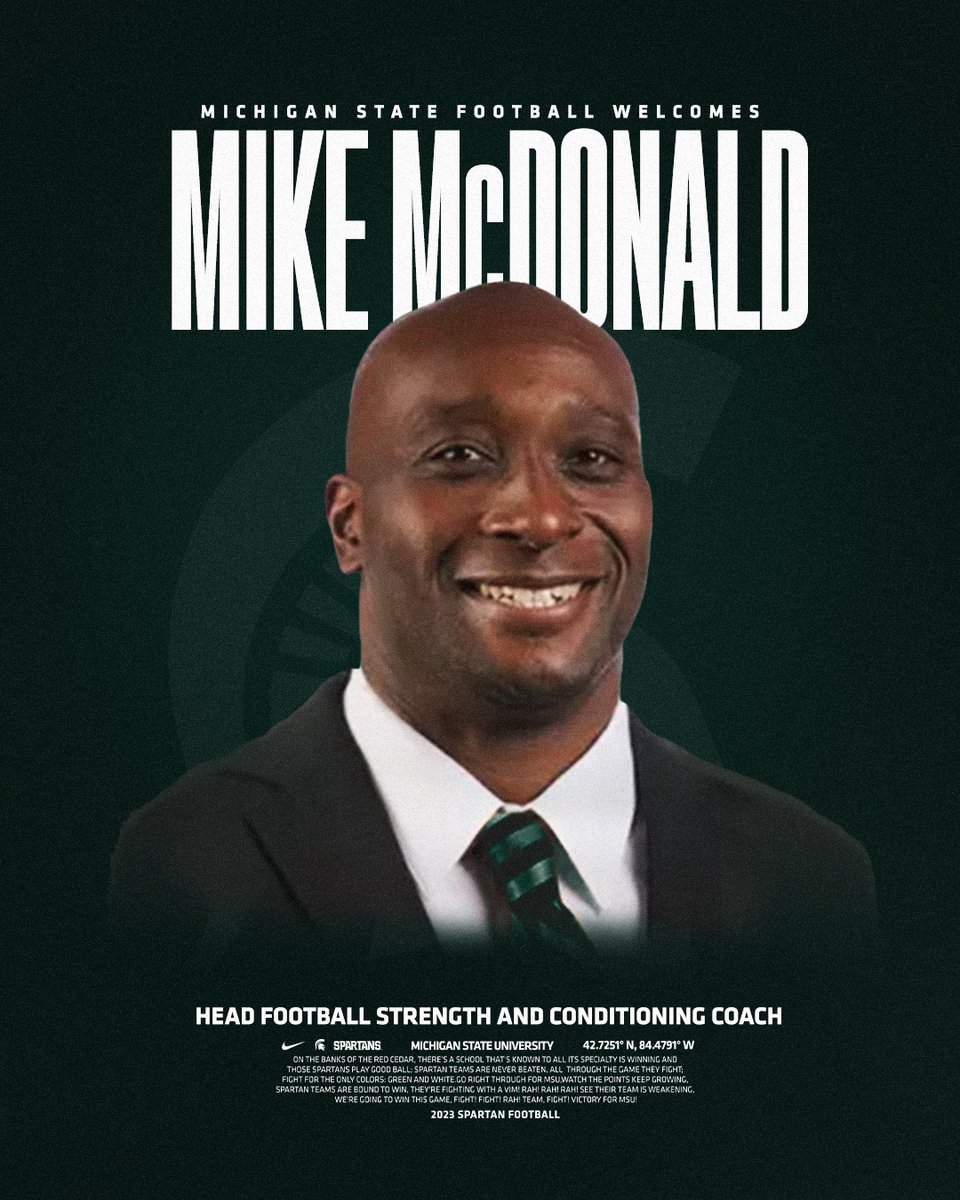 Welcome to East Lansing, Coach McDonald! Mike McDonald joins the Spartans as the Head Football Strength and Conditioning Coach after six seasons at Oregon State in the same position. #GoGreen