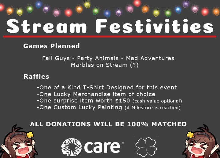 This Sunday, Dec 10, I'm doing a charity stream to raise money for CARE! All donations will be 100% MATCHED automatically. It's going to be a ton of fun, don't miss out! twitch.tv/lucky_best <a href="/CARE/">CARE (care.org)</a>