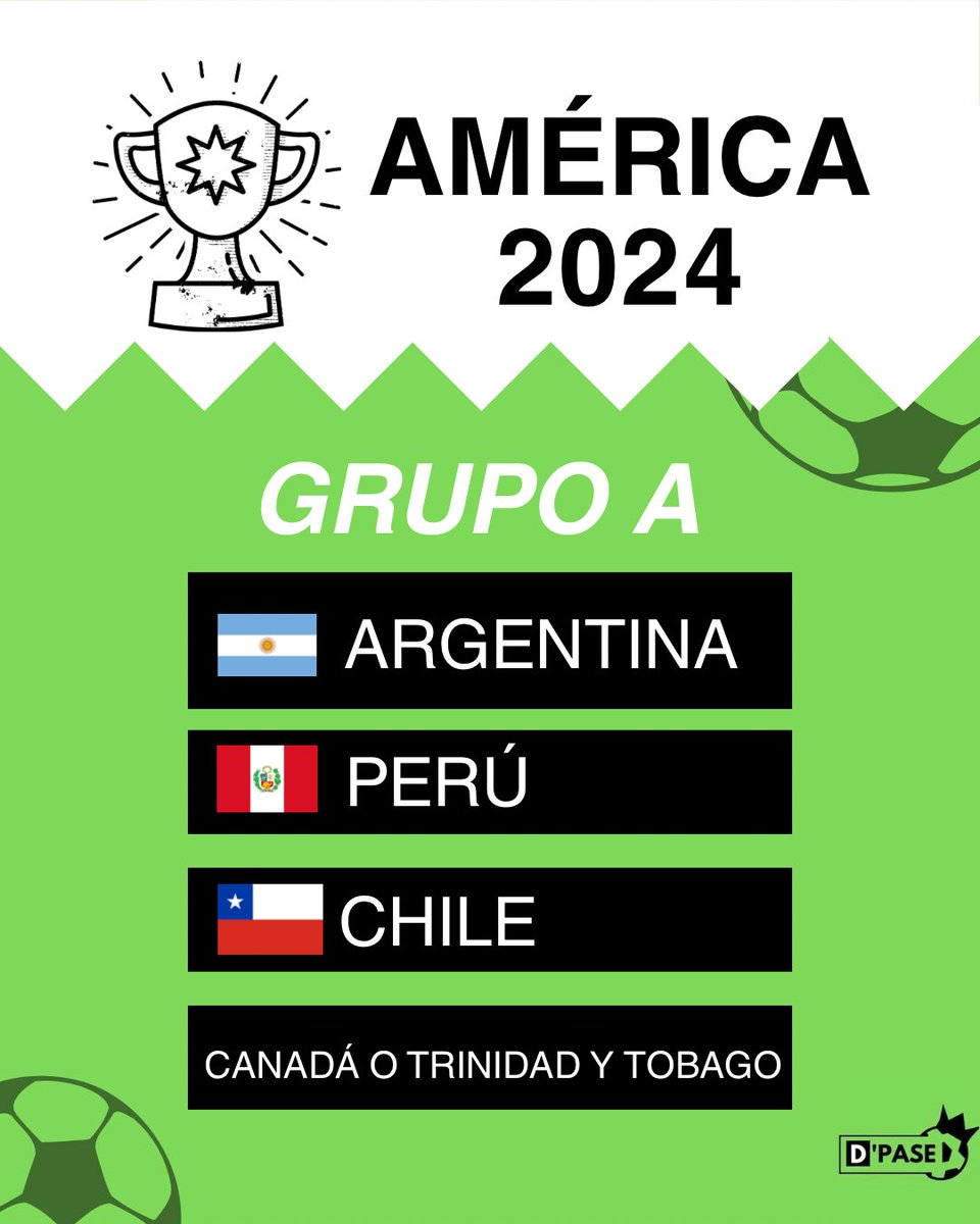 ¡OFICIAL! Perú ya conoce sus rivales para la Copa América 2024. 🇵🇪 🆚 🇨🇱 📆 viernes 21/06 🏟️ AT&T, Arlington 🇵🇪 🆚 🇨🇦/ 🇹🇹 📆 martes 25/06 🏟️ Children’s Mercy, Kansas City 🇵🇪 🆚 🇦🇷 📆 sábado 29/06 🏟️ Hard Rock - Miami #Dpase #CopaAmerica2024 ✍🏻🎨: @ValeriaNoriegaF