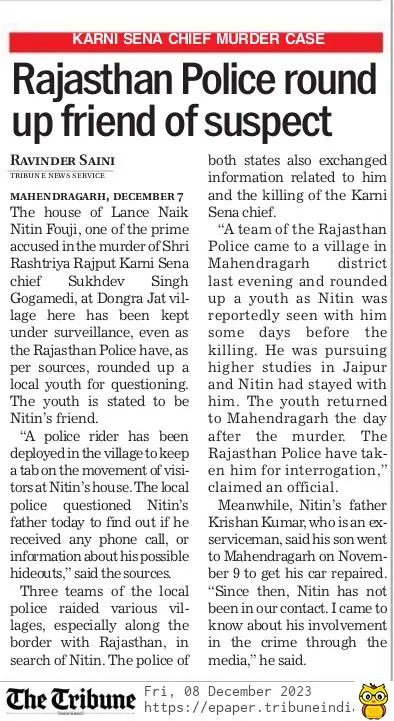 Karni Sena Chief murder: Accused house in MGarh put under surveillance, #Rajasthan police round up local youth 

#NitinFouji #Gogamedi #SukhdevSingh #JaipurPolice #Mahendragarh #Haryana #TheTribune