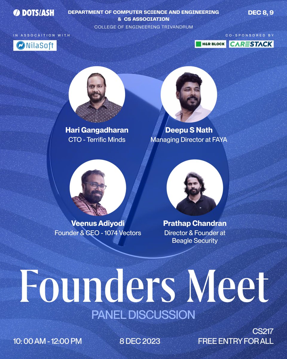 dotslash_cet's tweet photo. 🌐 DotSlash '23 is thrilled to present the Founders' Meet, a captivating panel discussion featuring four brilliant minds who have pioneered their way to success! 🌟 

Join us on December 8 at 10 AM as we delve
 
Register at:
https://t.co/yDu4lj2PIo https://t.co/W3XErTLC5D