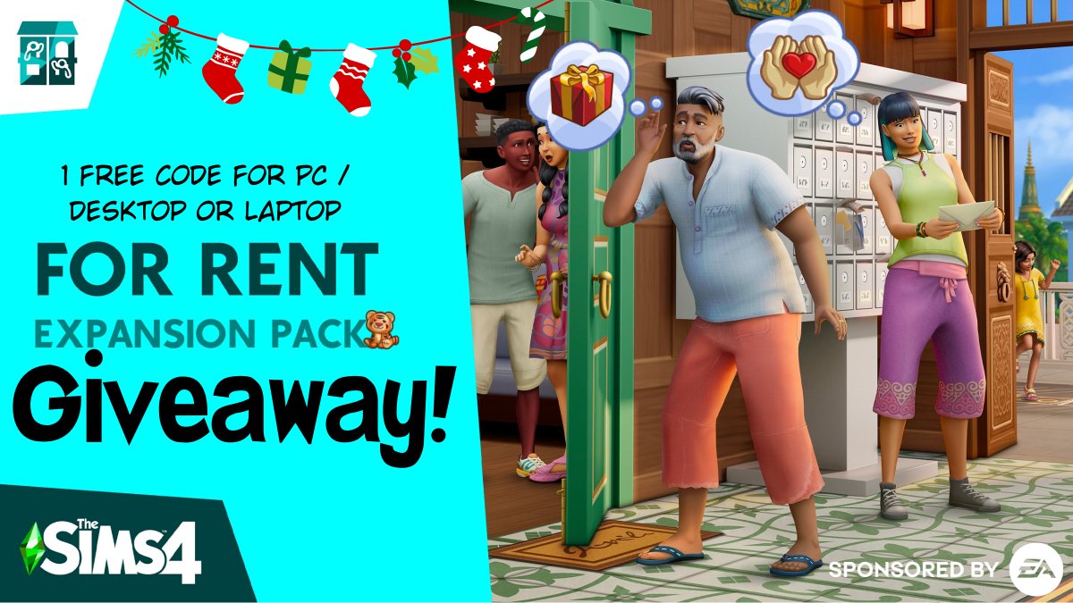 🎁 GIVEAWAY (For PC) #Sims4ForRent 🎁 Thanks to EA, I’m able to gift one EA APP game code for the new expansion pack! Rules: 🎄Follow me 🎄Like & retweet ✨Bonus entry✨: Subscribe to my YouTube channel (link in bio) Winner will be announced : Dec 9 #SponsoredbyEA#EAPartner