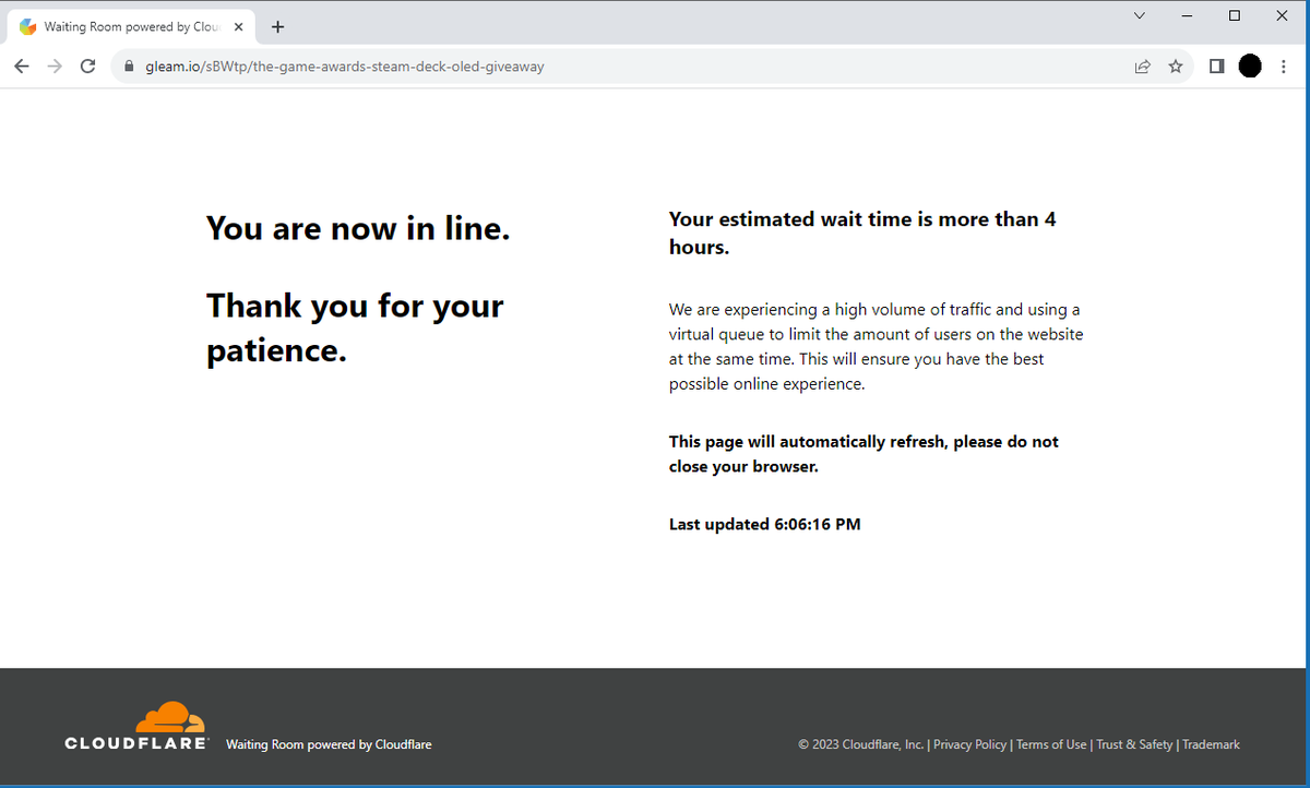 Donaithnen's tweet photo. Well this giveaway contest that's "only available during #TheGameAwards" is going just great.
@thegameawards
 
(And this is after the site was undergoing "scheduled maintenance" immediately after @geoffkeighley told everyone to go there) https://t.co/LDNw32B0wp