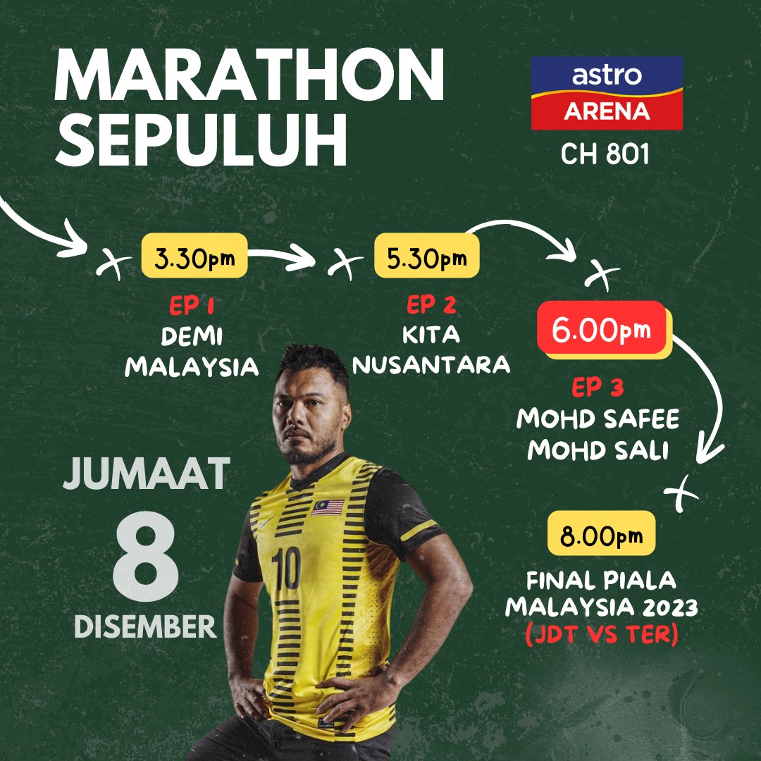 501Awani's tweet photo. Sebelum siaran langsung Piala Malaysia Akhir, apa kata kita marathon, tiga episod dokumentari perjalanan suka dula lagenda tanah air, Safee Sali.
#sepuluh https://t.co/GSknYwUswv