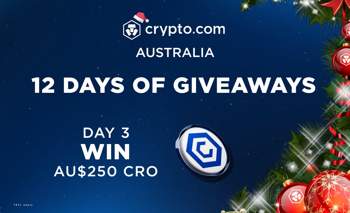 It’s day 3️⃣ of our 12 Days of Giveaways Campaign! 🎁 You can win 👉 AU$250 worth of CRO 👈 by following these steps: 💁Tag 3 friends in the comments to join the Xmas cheer 🔁 Repost this post ✅ Follow @cryptocom_AU T&Cs & Privacy Policy apply. crypto.com/events/au-12-d…