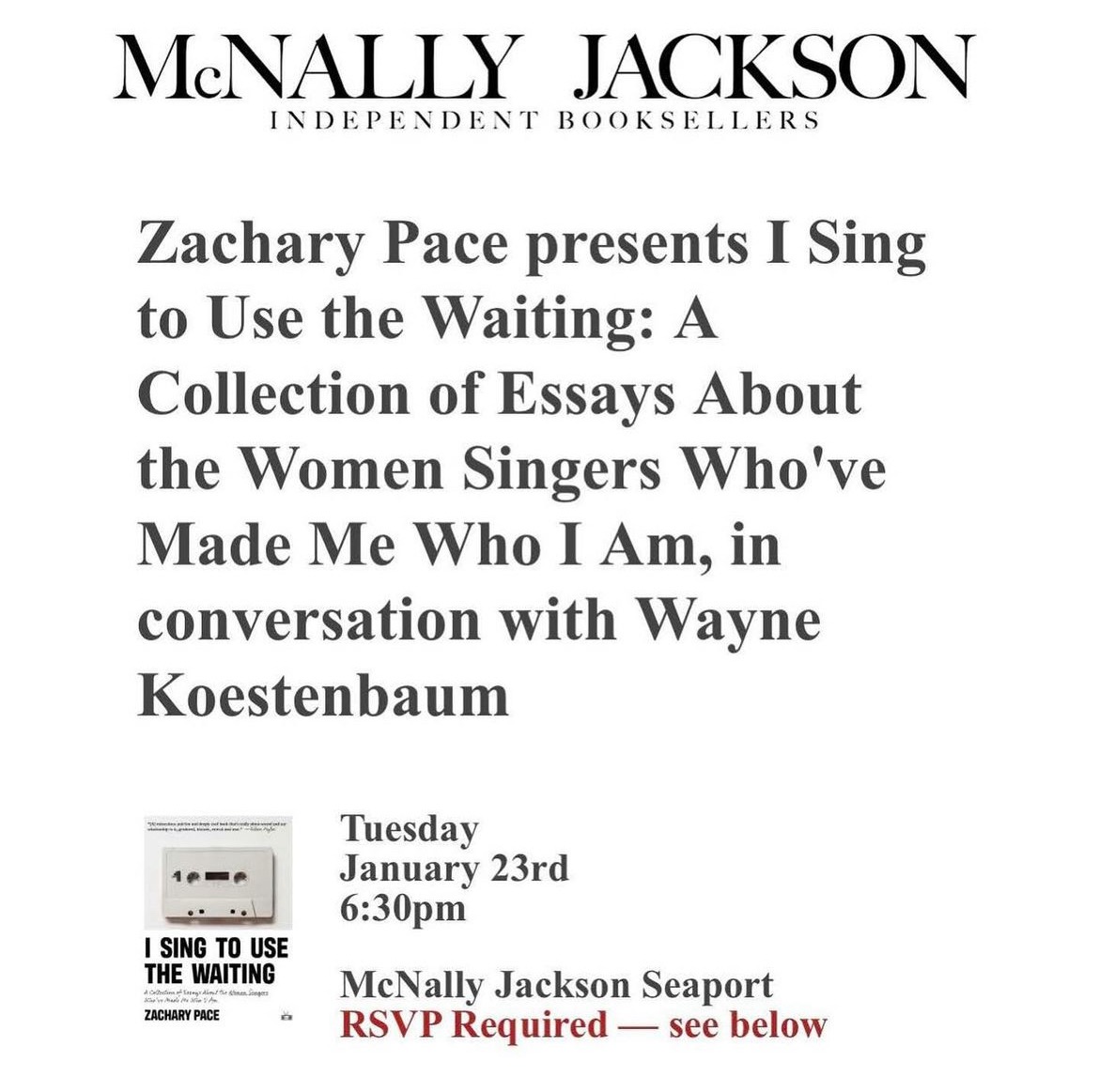 January 23, 2024, my friend and idol Wayne Koestenbaum and I will be in conversation to launch my book at @mcnallyjackson Seaport location; here is the link to RSVP and/or preorder! mcnallyjackson.com/event/zachary-…