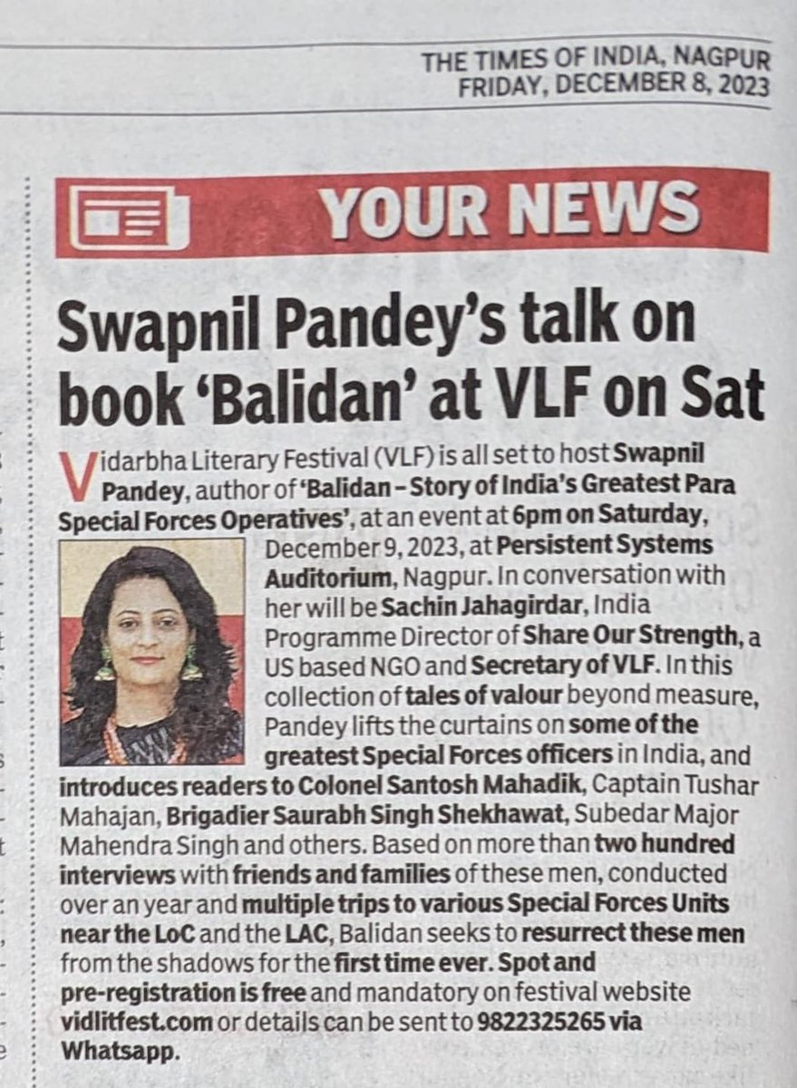 swapy6's tweet photo. Readers of Nagpur, I am coming to your city tomorrow at the Vidarbha Literary Festival. Excited to talk about my writing journey, unknown anecdotes of our soldiers &amp; many tales of valour. Also looking forward to sign your books &amp; click pictures. Bring your children along with you https://t.co/G4LhVjY4Fe