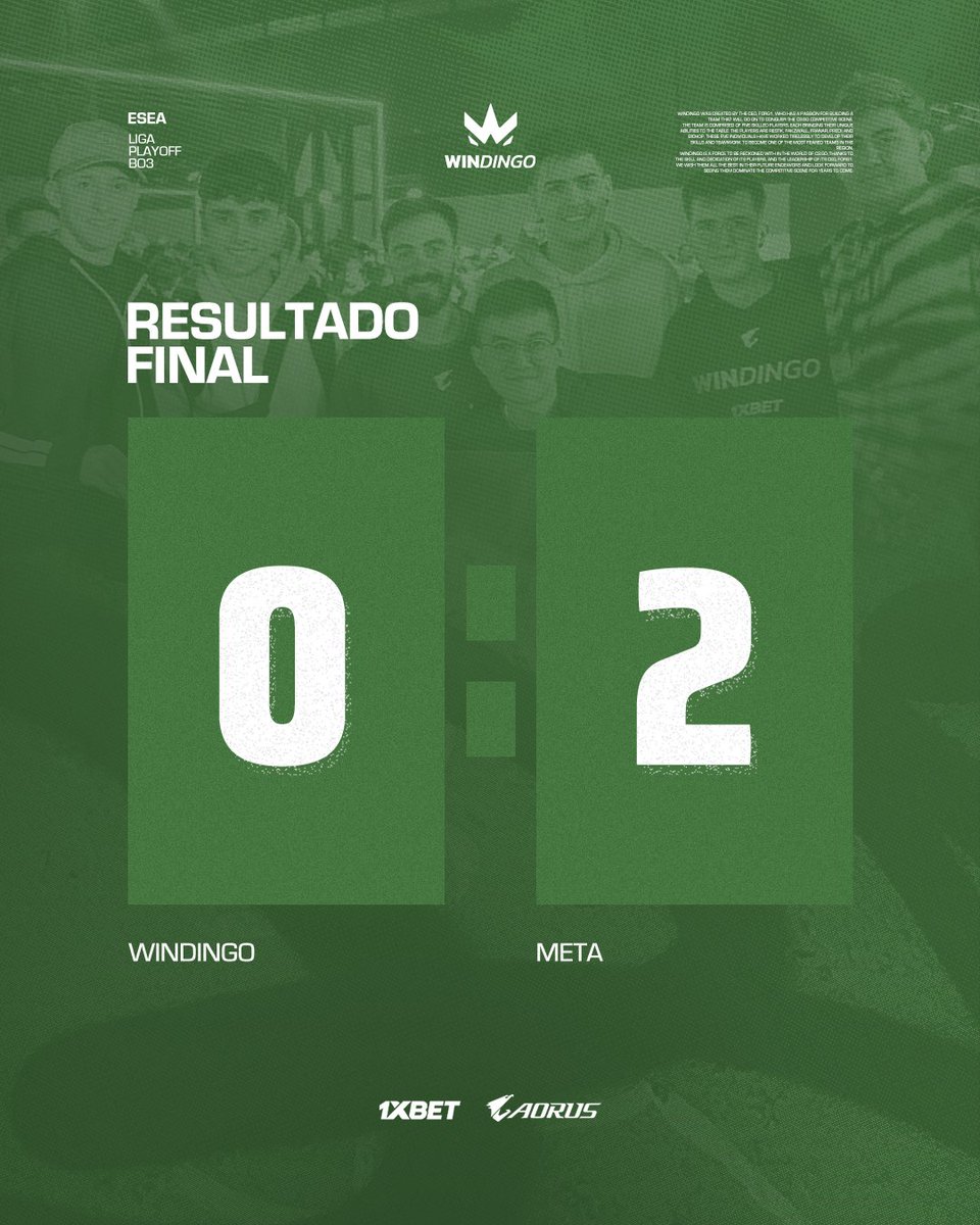 Perdimos vs un durisimo <a href="/MetaGamingpy/">Meta Gaming 〽️</a>  por la #Esea League pero aún tenemos mas encuentros por delante en PLAYOFF.

¡Nt equipo! 🫡 
GO #WINdingo 💚 🔥 |  #ESEA