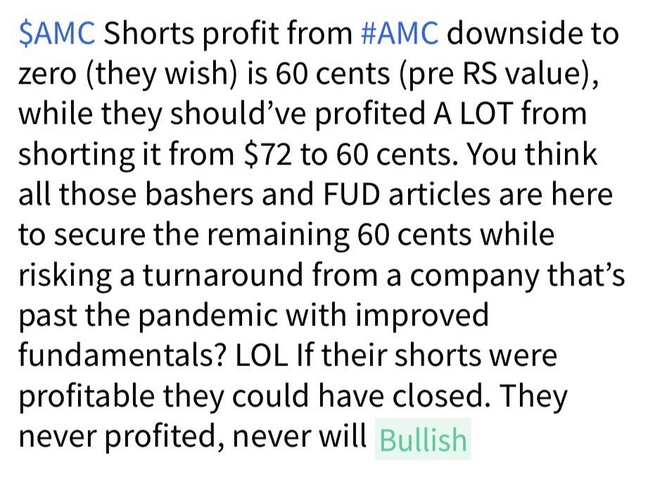HusseeChe's tweet photo. A valid question. Why #AMC shorts doubling down on getting those remaining 60 cents a share? 
May be the answer is as simple as: they never profited from that short, in fact, they are STUCK. https://t.co/1pvzslescF