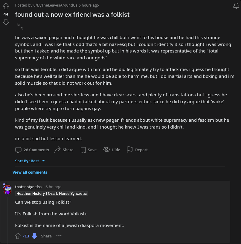 WolfTheRed's tweet photo. Why is the president and CEO of the largest "inclusive" heathen org @AtTheTroth responding to a trans person who was attacked by a nazi... by playing nitpick on a word that runs defense for white supremacy? https://t.co/gkelSkkI3y