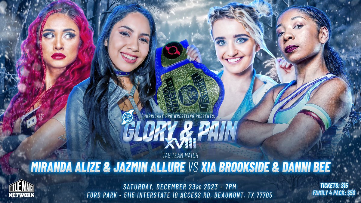 ❗️Miranda Alize & HPW Women’s Champion Jazmin Allure 🆚 Xia Brookside & Danni Bee❗️ Sat, Dec 23, 7p @FordPark 🎟️ Box Office / Ticketmaster 🎥@TitleMatchWN