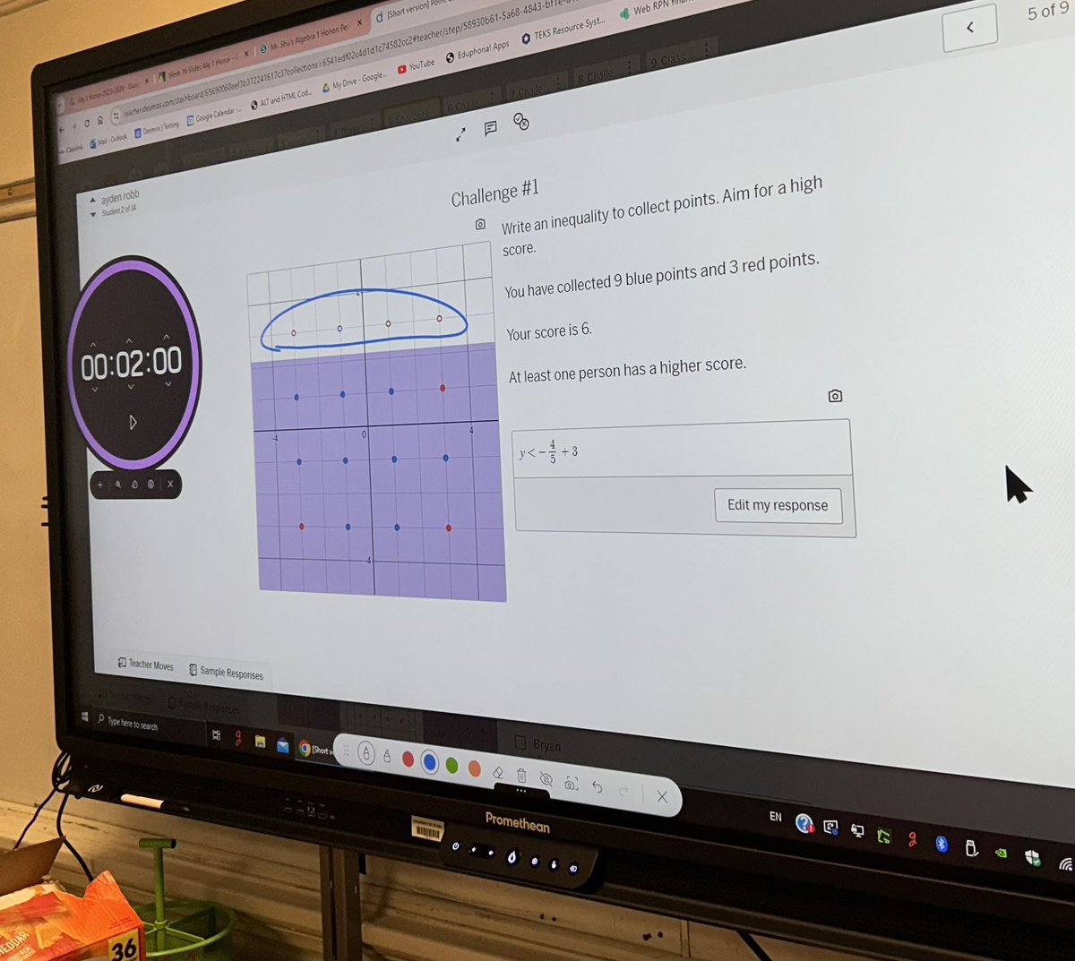 Lara00Susy's tweet image. Higher level thinking…Students in Mr. Shu’s class had to come up with an inequality to collect points. They need to aim for a high score then write down the strategy they used to come up with they’re competing inequality.  Loved the explanation.
#ohsmath
#creating