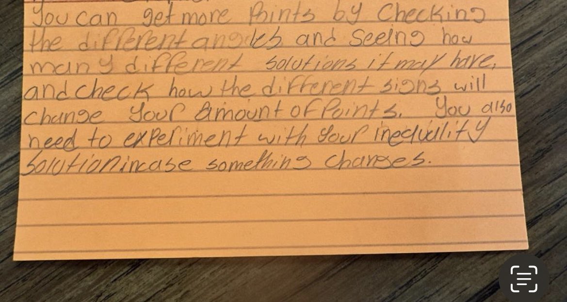 Lara00Susy's tweet image. Higher level thinking…Students in Mr. Shu’s class had to come up with an inequality to collect points. They need to aim for a high score then write down the strategy they used to come up with they’re competing inequality.  Loved the explanation.
#ohsmath
#creating