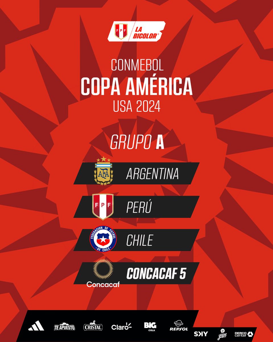 Grupo difícil para Perú en la Copa América de Estados Unidos 🇺🇲🏆, en donde enfrentará a Argentina 🇦🇷, Chile🇨🇱 y Trinidad y Tobago🇹🇹 o Canadá🇨🇦. Sin duda un duro pero beneficioso reto para el próximo técnico de la Selección Peruana 🇵🇪. @DpasePeru