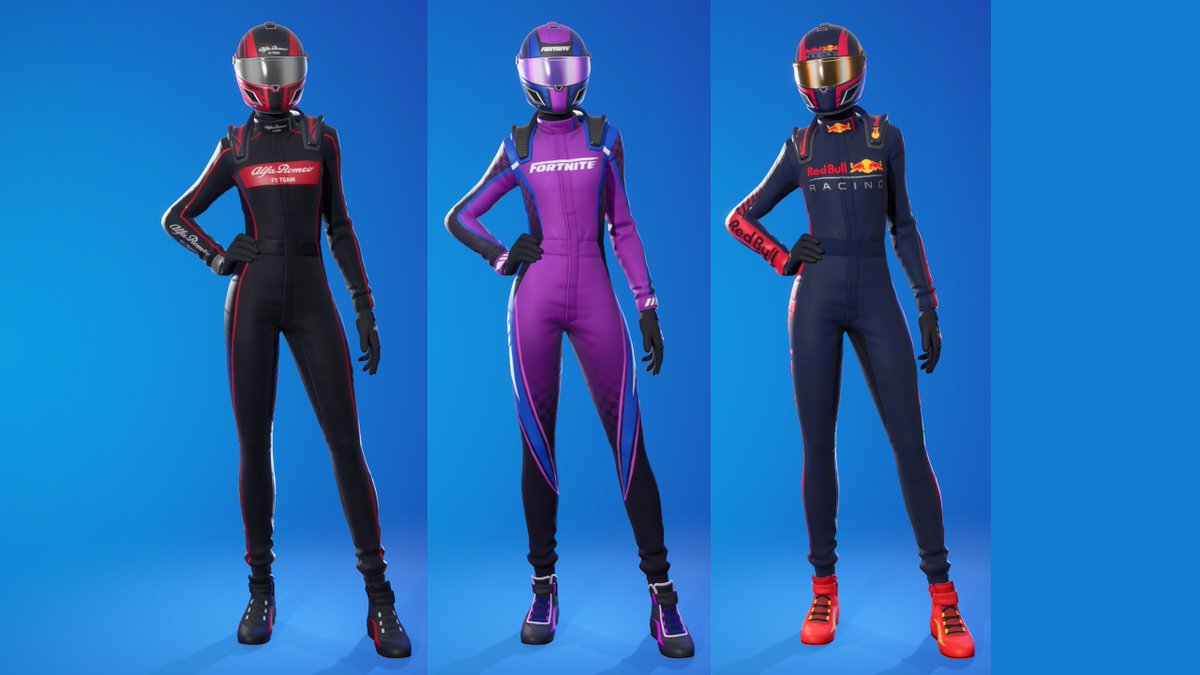 Las skins Fortnite F1 de Alfa Romeo, el propio de Fortnite y Red Bull.