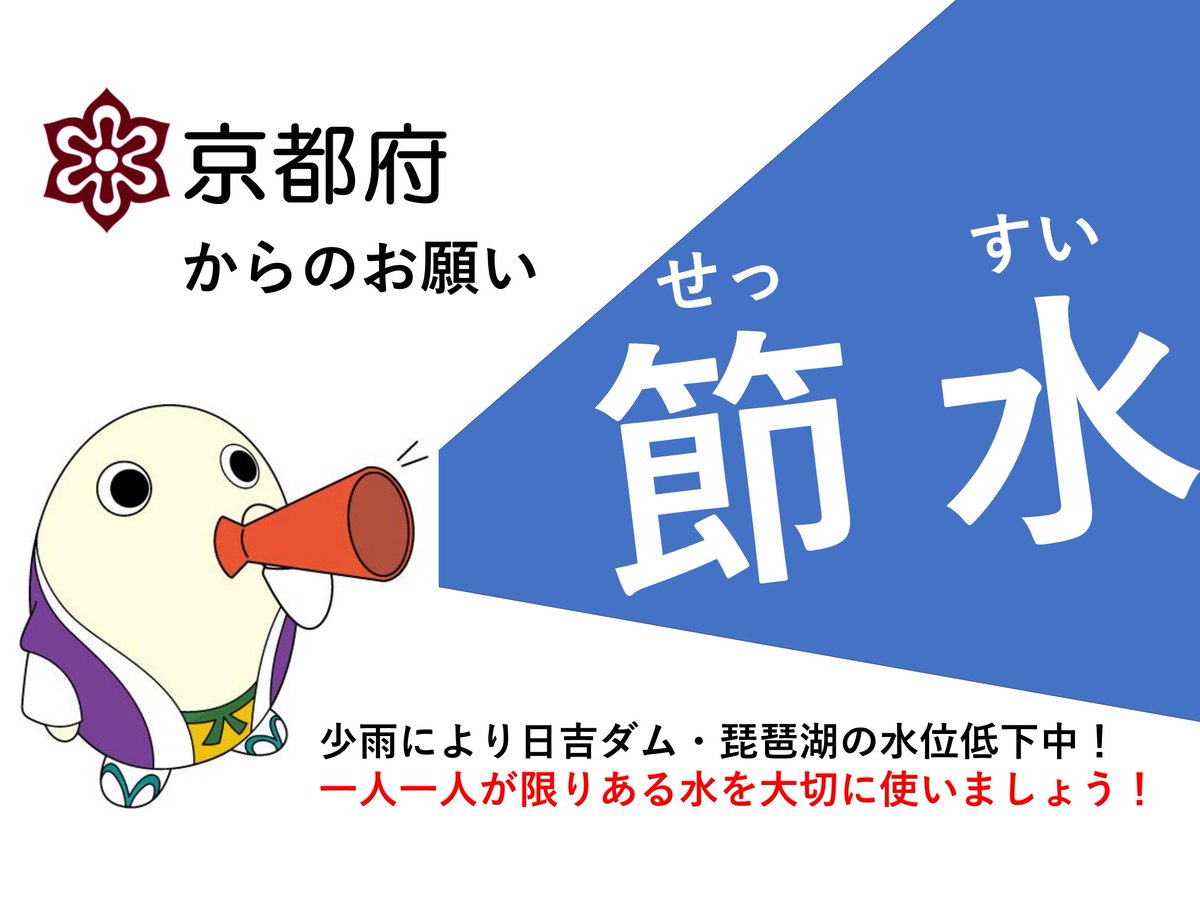 ／ 府民の皆様へお願い～節水にご協力を！💧～ ＼ 府内では9月から、平年に比べ降雨が非常に少なく、渇水となっています。 このままの状況が続くと水不足が発生し、生活にも影響を及ぼす可能性も😢 一人ひとりが #節水 を心がけ、限りある水を大切に使いましょう✨ 詳細⏬ pref.kyoto.jp/koei/news/kass…