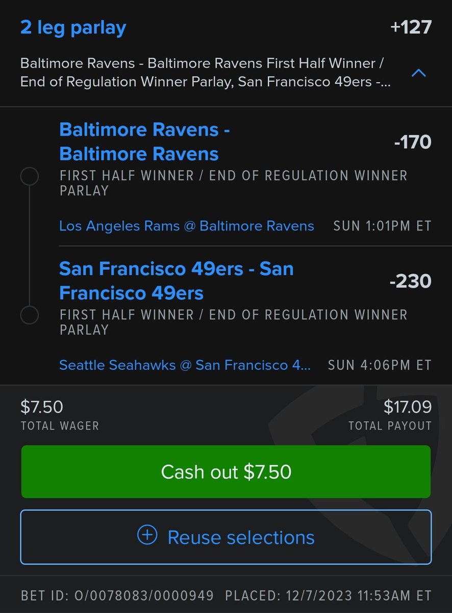 tmaj4's tweet photo. @HousefromDC @SharpFootball @ringer BAL 1H-GAME + SF 1H-GAME parlay.

Ravens are a first half team at home off a bye and Lamar is 17-1 vs nfc.

49ers are built on getting ahead early and maintaining the lead. 

+127 parlay let's ride. https://t.co/0UPwujpTQ0