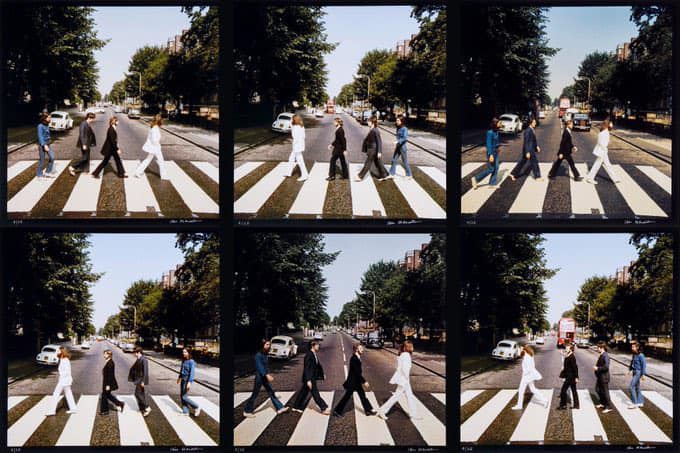 The world's most famous Zebra Crossing. The six photos taken by Iain Macmillan for the Abbey Road cover.