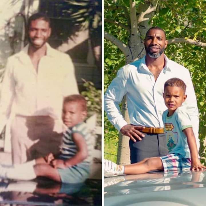 "Phoțos taken 30 years apart. My dad at age 33 and me at age 3 on the left. And me at age 34 and my son and age 3 on the right." - Fred Smith/Facebòok