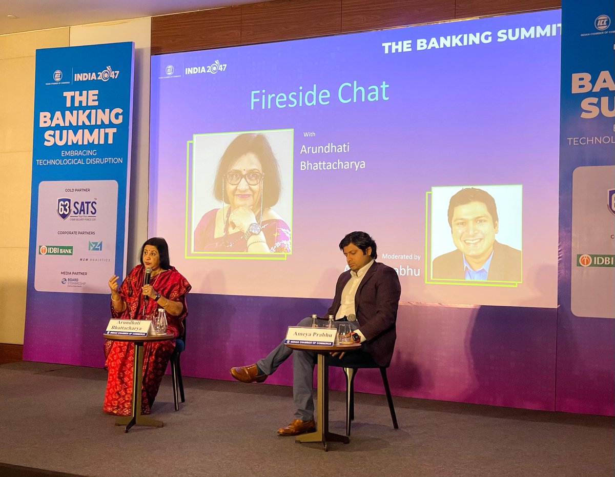 ICC_Chamber's tweet photo. Fireside Chat with Ms. Arundhati Bhattacharya, Chairperson & CEO, Salesforce India (Former Chairperson, SBI, Moderated by Mr. Ameya Prabhu, President ICC at the Banking Summit 2023.
@salesforce | @ameyaprabhu
#IndianChamberofCommerce #BankingSummit2023 #TechnologicalDisruption #BankingInnovation #Fintech #AIinFinance #DigitalTransformation #Cybersecurity #Blockchain #CEOInsights #NetworkingOpportunity