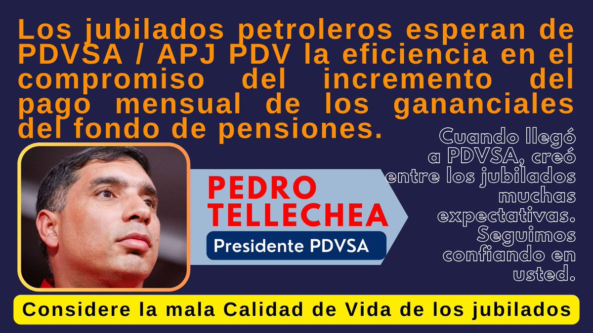 <a href="/TellecheaRuiz/">Rafael Tellechea</a> Ing. <a href="/TellecheaRuiz/">Rafael Tellechea</a>
Los jubilados <a href="/PDVSA/">PDVSA</a> continuamos a la espera que usted autorice el incremento en el pago mensual del monto correspondiente a los intereses de nuestro fondo de pensiones 
APJ PDV

Reiteramos: NO es dádiva, es DEUDA de APJ PDV con sus jubilados
#8Dic #PDVSA #FDP