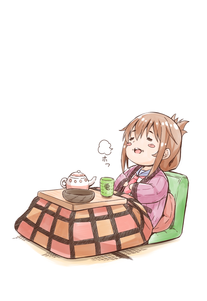 inazuma (kancolle) 1girl table brown hair solo kotatsu hanten (clothes) cup  illustration images