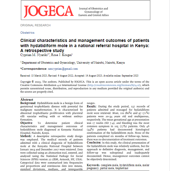 jogecajournal's tweet photo. Clinical characteristics and management outcomes of patients with hydatidiform mole in a national referral hospital in Kenya: A retrospective study by Drs. Cyprian Michieka Nyariki, Rose Jepchumba Kosgei
> https://t.co/orqDxobVIO
#JOGECA https://t.co/VwZhRwmrSs