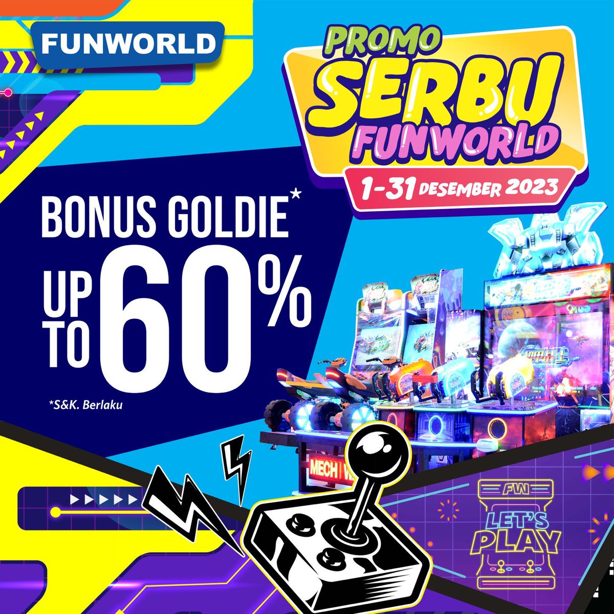 PROMO SERBU FUNWORLD. Dapatkan bonus hingga 60%* selama bulan Desember 2023.

Cek syarat &amp; ketentuan di surl.li/oaulm

#malioboromall #funworld #promojogja #letsplay