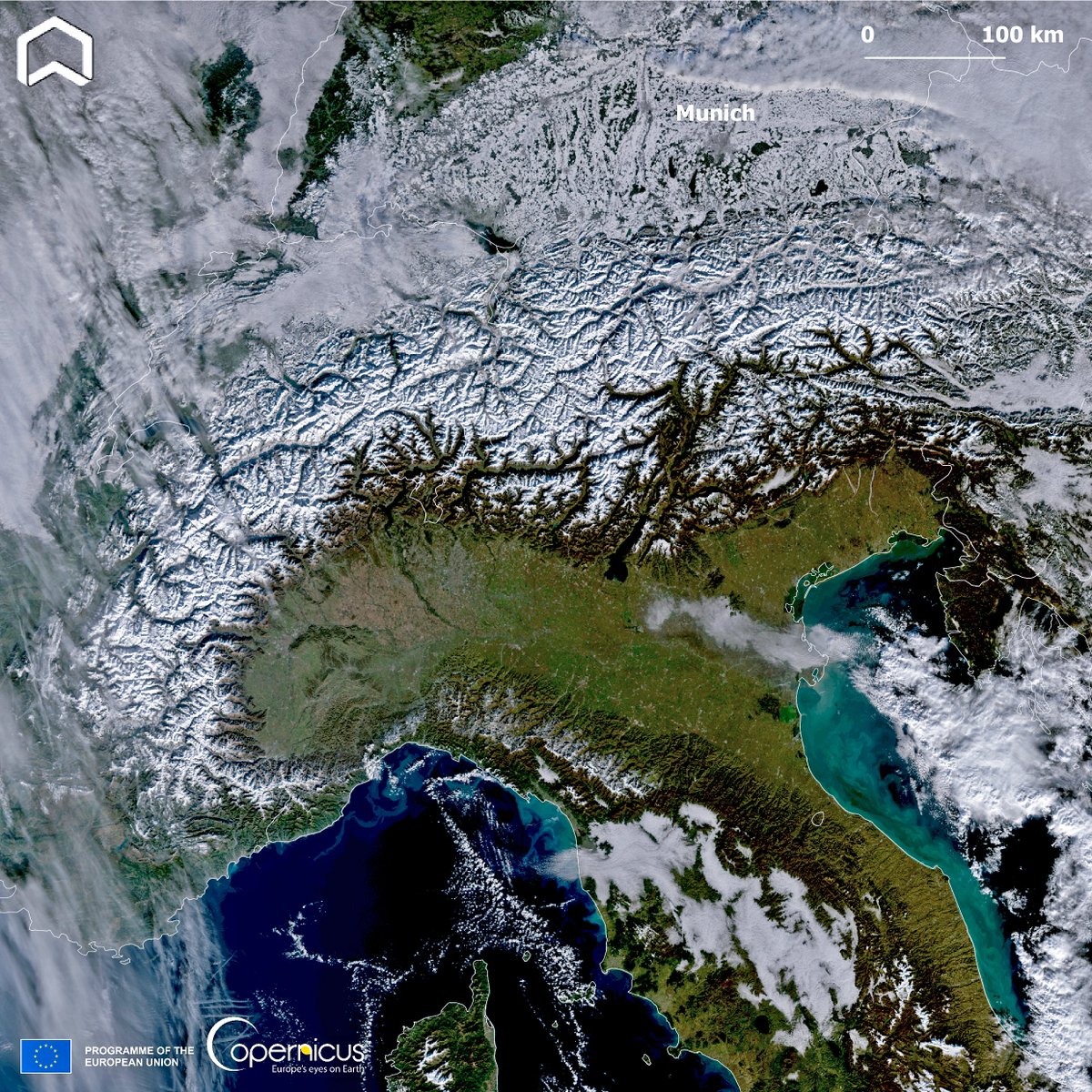 Snow and fog! The awesome #Copernicus #Sentinel3 image captured on Dec. 7th shows the snow over #Alps and #Appennines. Blanketed in snow are many parts of #Europe. One can spot also fog on the #PoValley and central #Italy. #winter #Munich @wmo @Giulio_Firenze @eumetsat