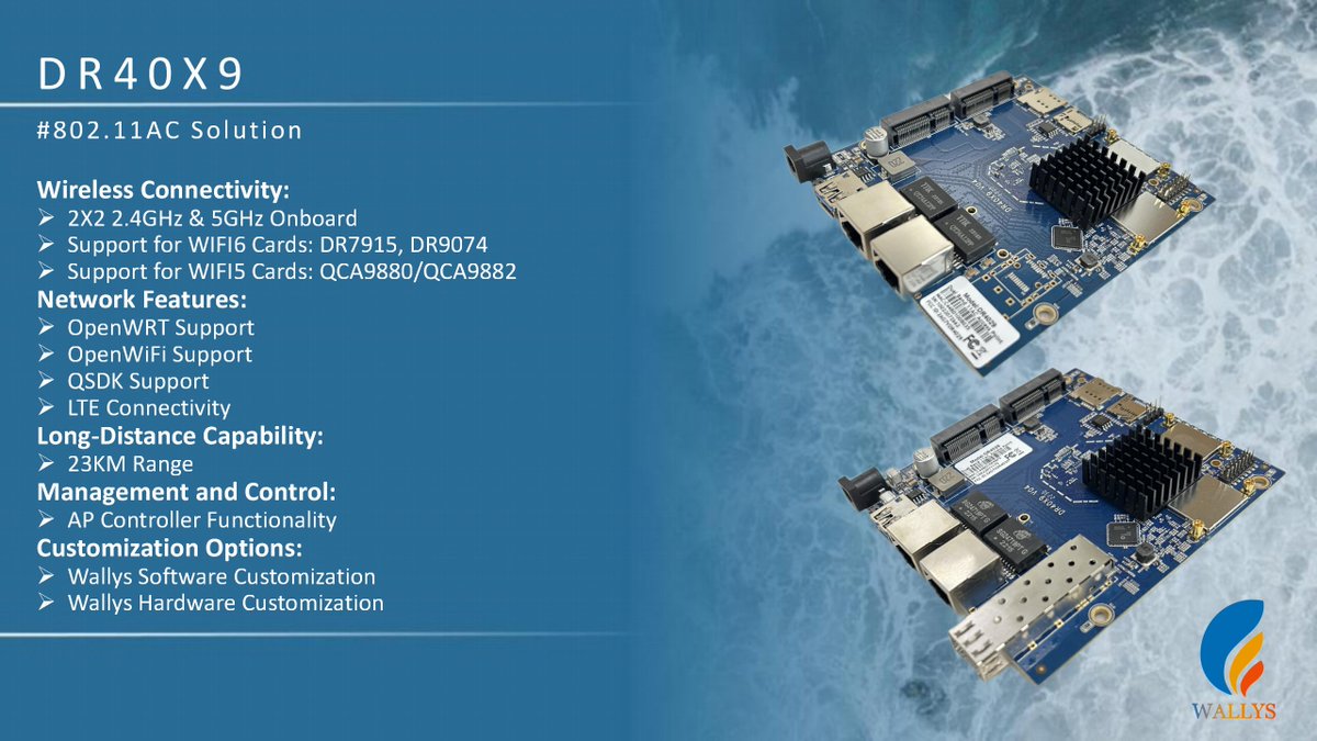 LilyLi04282859's tweet image. The DR40X9, powered by the IPQ4019 and IPQ4029 platforms, offers a revolutionary 802.11AC solution with 23-30KM long-range transfer, AP controller support, and robust OpenWRT and OpenWiFi compatibility. wallystech.com 🚀🌐 #WirelessInnovation #NetworkingTechnology