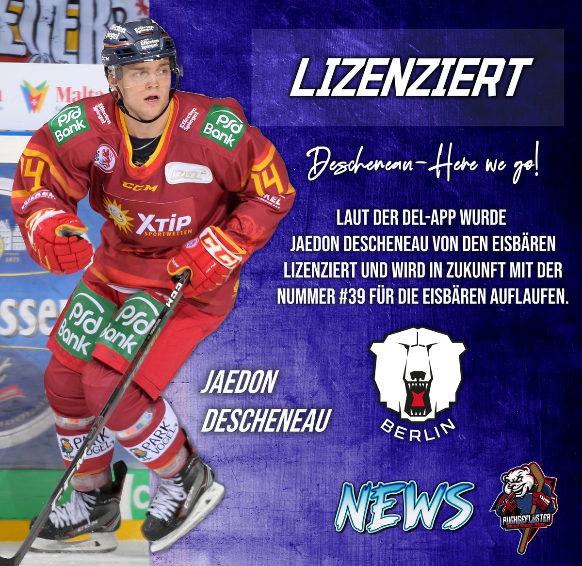 puckgefluester's tweet photo. Descheneau - Here we go!

Jaedon #Descheneau wurde von den Eisbären lizenziert und vebraucht somit die 10 Kontingentstelle dieser Saison.

Jetzt noch mal ganz offiziell: Willkommen in Berlin, Deschman!

📸 City-Press GmbH https://t.co/Si11wJDlNF