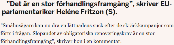Villaagarna's tweet photo. Provocerande. Helene Fritzon (s), som själv röstat FÖR EU:s tvångsrenoveringsdirektiv, säger nu att småhusägarna kan dra en ”lättnadens suck” efter de ”skräckkampanjer” som förts. Men utan villaägares kampanjer i Sv och EU, hade Bryssel mycket väl kunnat drivit igenom direktivet. https://t.co/tsgkqSUqJy