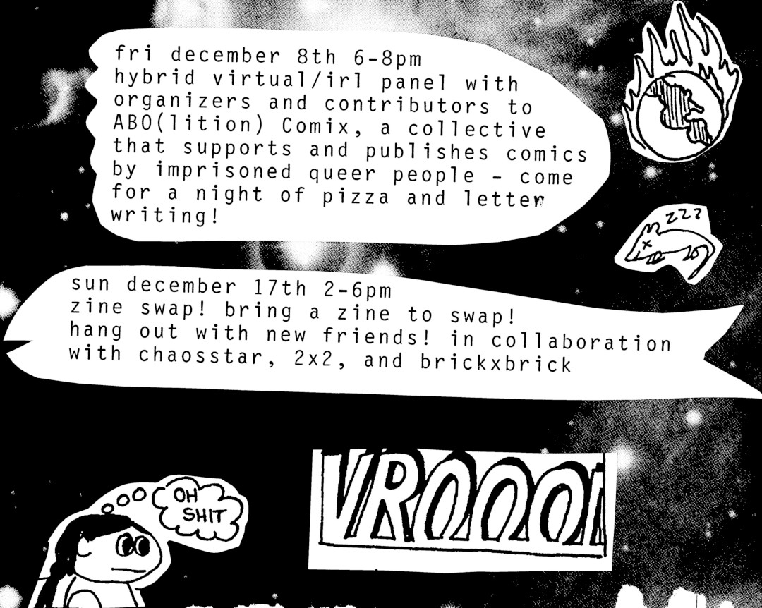 Part of  Weird Rings True, ABC No Rio's exhibition at Project Reach: a  hybrid/irl panel with the organizers and contributors to ABO(lition)  Comix.

FRIDAY DECEMBER 8 - 6pm to 8pm
Project Reach - 39 Eldridge Street, 4th Flr

And don't miss the Zine Swap on DECEMBER 17!
