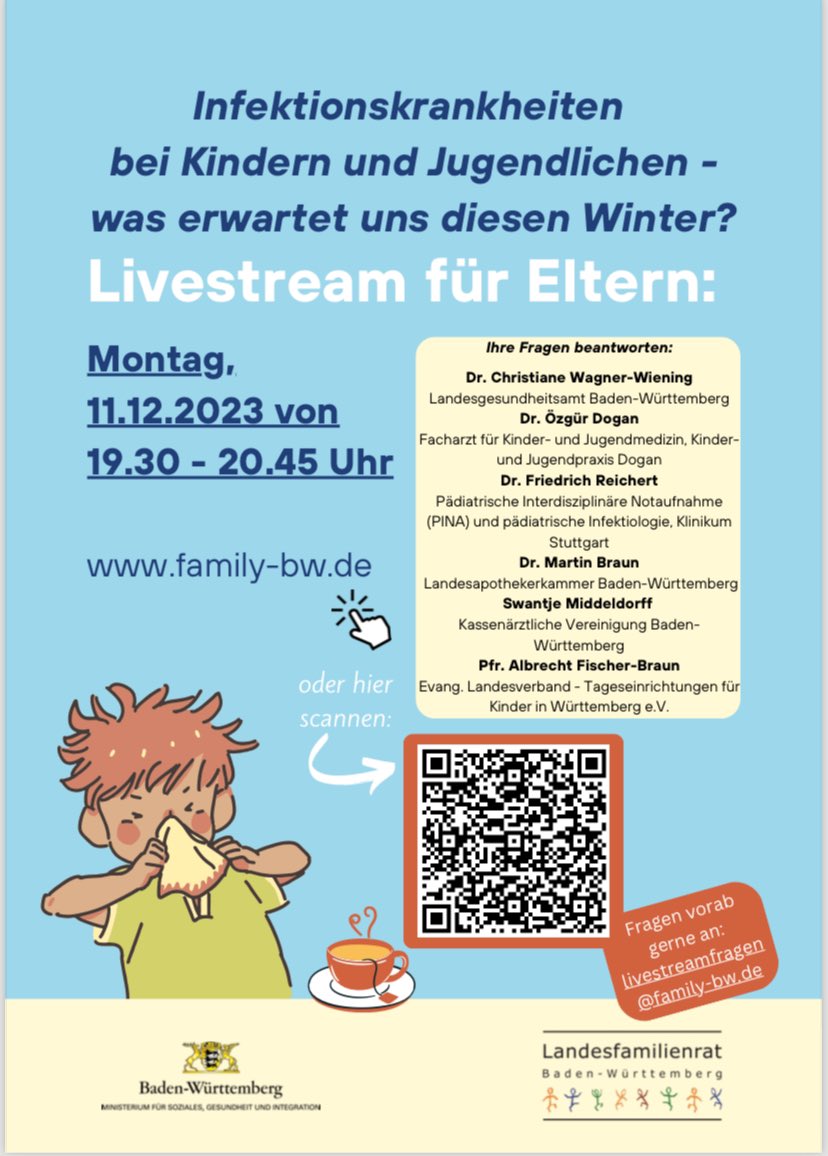 #BildungaberSicher

Fragen zum Thema respiratorischer Infektionskrankheiten bei KuJ? 

Ministerium für Soziales, Gesundheit und Integration BW, Landesfamilienrat und Fachverbänden laden zu einer digita-
len Informationsveranstaltung ein.