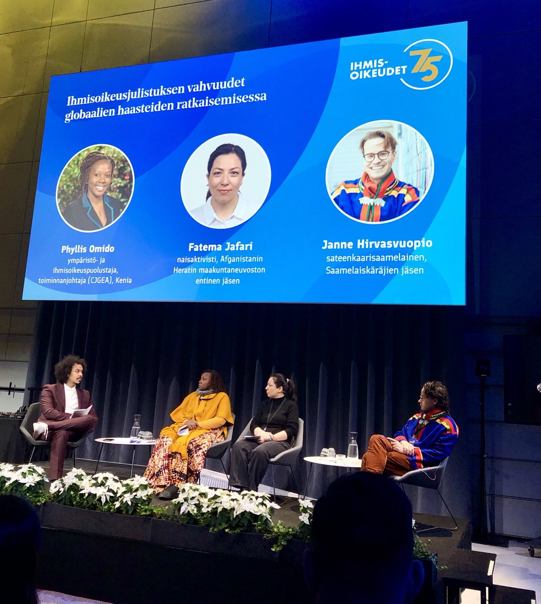Powerful statements of #HumanRightsDefenders ⁦<a href="/phyllis_omido/">Omido Phyllis</a>,⁩ ⁦<a href="/FatemaJafari10/">Fatema Jafari</a>⁩ and Janne Hirvasvuopio at the Celebration of the Universal Declaration of Human Rights in Helsinki: “ There is a lot of rhetoric but not enough action”. #UDHR75 ⁦<a href="/Ulkoministerio/">MFA Finland 🇫🇮</a>⁩