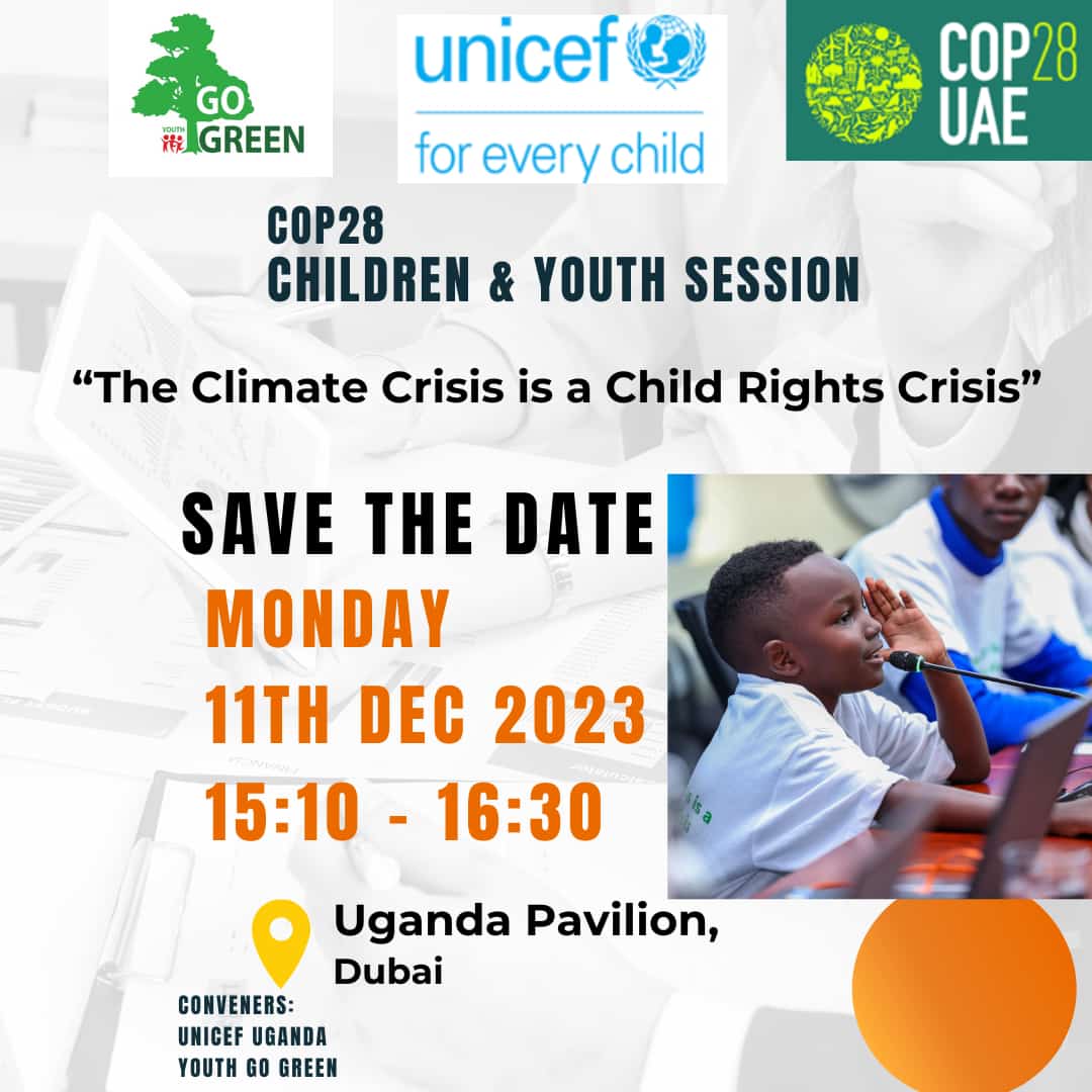 The climate crisis is a child rights crisis!

Join us at the Uganda🇺🇬 pavilion, for a children and youth session on #ClimateJustice, #ClimateActionNow, and discussions around the #ClimateCrisis and #ClimateActivism this Monday December 11th 2023