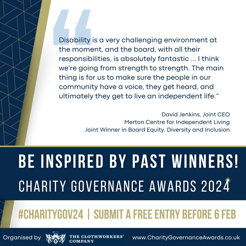 #CharityGov2024 is open! Choose from 6 categories that allow you to celebrate your #trustees & brag about your #charity board. Entry is FREE! Be inspired by past winners like @MertonCIL (Board #Equity, #Diversity & #Inclusion). charitygovernanceawards.co.uk/short-list/mer…