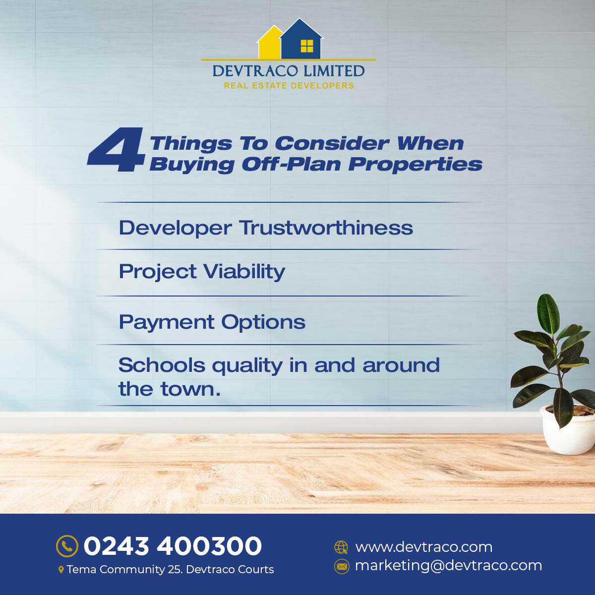 DevtracoLimited's tweet image. Future homeowner essentials: Here are 4 key factors to keep in mind when diving into the world of off-plan property purchases. 🏠💡 #DevtracoCourts #DevtracoLimited #DevtracoGroup #PropertyInsights #SmartInvesting