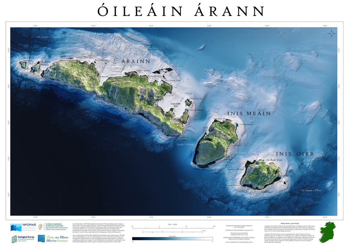 The final INFOMAR Bluescale Series Map is the iconic Aran Islands off Co. #Galway! 📢 We are also delighted to announce that this map, and the entire Blue Scale Series are now available as Gaeilge 📢 Leagan Gaeilge ☘️ bit.ly/3Nhqf3E @Dept_ECC @GeolSurvIE @MarineInst