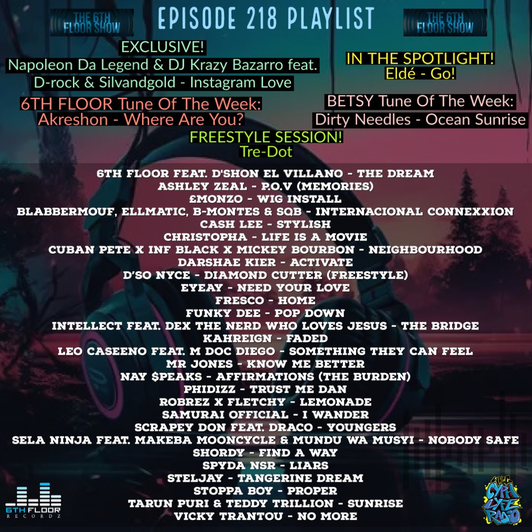 The 6th Floor Show (@the6thfloorshow) on Twitter photo Episode 218 #ComingSoon (12/12/23) #The6thFloorShow
@kahreignmusic <a href="/LCaseeno/">Leo CaSeeNo</a> <a href="/mdocdiego/">M DOC Diego</a> <a href="/Mrjonesraps/">Mr Jones</a> <a href="/nay_speaks/">Nay Speaks</a> <a href="/Phidizz/">PHIDIZZ</a> <a href="/scrapeydon/">scrapey don</a> <a href="/SelaNinjaTz/">Sela Ninja</a> <a href="/MakebaMooncycle/">Makeba Mooncycle</a> <a href="/Spyda_Official/">Mixed Emotions (EP) OUTNOW</a> <a href="/Stoppa_Boy_ke/">STOPPA BOY Artist</a> <a href="/tarunpurimusic/">Tarun Puri Music</a> <a href="/teddytrillion/">TEDDY TRILLION</a> <a href="/vicky_trantou/">Vicky Trantou</a> <a href="/AkReshonPHX/">Akiee Mayon</a> Episode 218 #ComingSoon (12/12/23) #The6thFloorShow
@kahreignmusic <a href="/LCaseeno/">Leo CaSeeNo</a> <a href="/mdocdiego/">M DOC Diego</a> <a href="/Mrjonesraps/">Mr Jones</a> <a href="/nay_speaks/">Nay Speaks</a> <a href="/Phidizz/">PHIDIZZ</a> <a href="/scrapeydon/">scrapey don</a> <a href="/SelaNinjaTz/">Sela Ninja</a> <a href="/MakebaMooncycle/">Makeba Mooncycle</a> <a href="/Spyda_Official/">Mixed Emotions (EP) OUTNOW</a> <a href="/Stoppa_Boy_ke/">STOPPA BOY Artist</a> <a href="/tarunpurimusic/">Tarun Puri Music</a> <a href="/teddytrillion/">TEDDY TRILLION</a> <a href="/vicky_trantou/">Vicky Trantou</a> <a href="/AkReshonPHX/">Akiee Mayon</a>