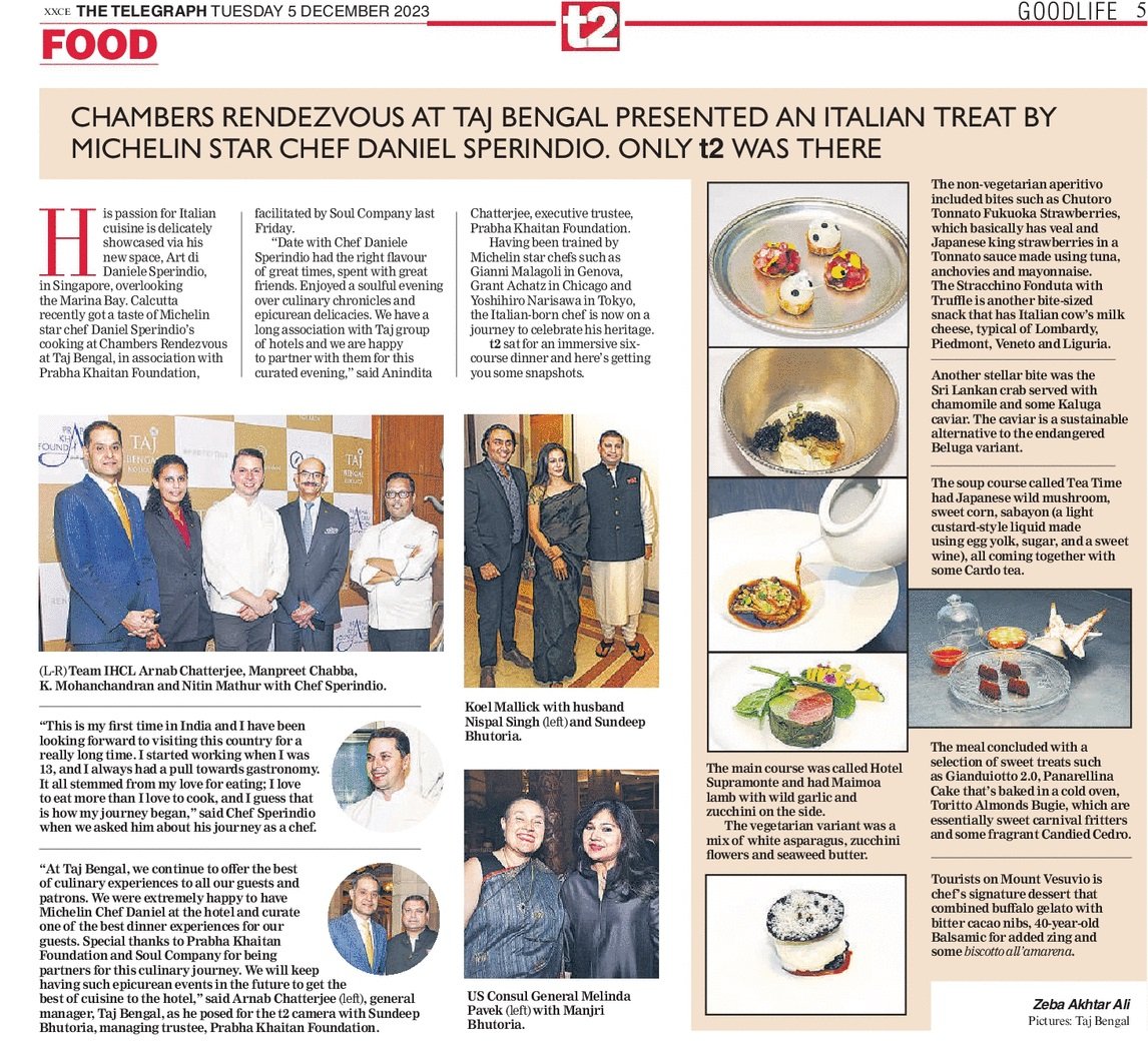 An evening of a well curated menu, scrumptious food and a tasteful setup! @t2telegraph covers our one-of-a-kind evening with @chef_sperindio, where he skillfully transported us to the heart of Italy. Happy to have collaborated with our long standing associate, @TajBengal.