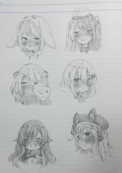 #今年も残りわずかなので今年一番伸びた絵を貼る見た絵描きさんも強制でやるアナログで描いたぶいすぽっ!の面々で照れ顔落描きでしたっ!! 