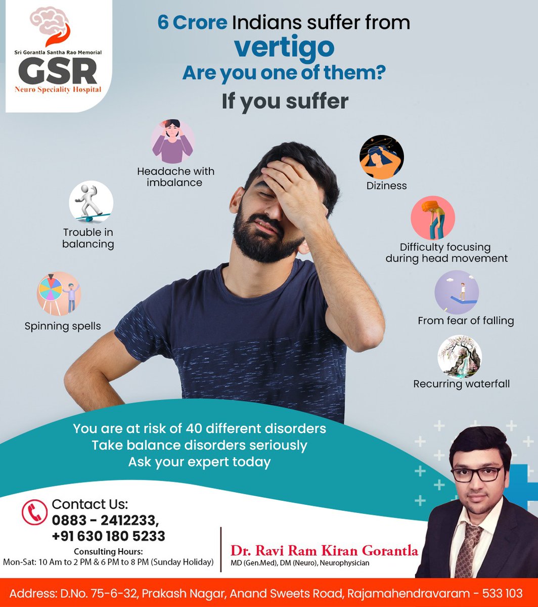 Combat vertigo with specialized care at GSR Neuro Speciality Hospital regain balance and conquer dizziness.

#GSRNeuroHospital #VertigoRelief #NeuroSpecialist #BalanceRestored #DizzinessSolution #NeurologicalCare #HealthWellness #ExpertCare #MedicalSpecialists #WellnessJourney