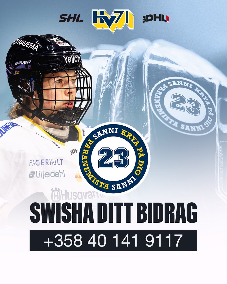 HV71's tweet image. Den 24 november var Sanni Hakala med om en olycka på isen som fick omfattande konsekvenser. Nu kraftsamlar vi för att samla in pengar till Sanni som kan stötta henne i hennes rehab, hjälpmedel och framtida liv.

Swishnummer: +358 40 141 9117

Läs mer på hv71.se…